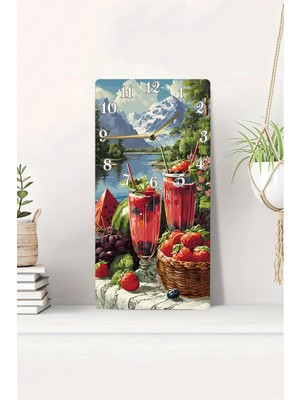 KutuTR 3D Görünümlü Dağ Manzaralı Meyve Içeceği Temalı 2d Uv Baskı Mdf Tablo Saat 20X40 CM-DTS052