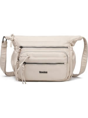 Hüvendo Barcelona Orta Boy Çok Cepli Uzun Çapraz Askılı Spor ve Günlük Kadın Omuz Çantası Bej