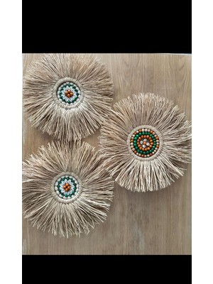 3 Lü Aynalı Duvar Süsü Boncuklu Rafya