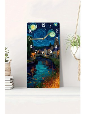 KutuTR 3D Görünümlü 2d Uv Baskı Yıldızlı Gece Kanal Manzaralı Mdf Tablo Saat 20X40 CM-DTS018