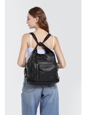 Hüvendo Barcelona Çok Cepli Günlük  Ayarlanabilir Askılı Büyük Boy Kadın Omuz ve Sırt Çantası Siyah