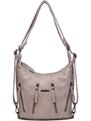 Hüvendo Barcelona Günlük Orta Boy Fermuar Detaylı Çok Cepli Kadın Omuz ve Sırt Çantası Pudra