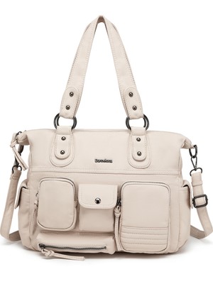 Hüvendo Çok Cepli Günlük Büyük Boy Shopper Tasarım Ayarlanabilir Askılı Kadın Omuz Çantası Bej