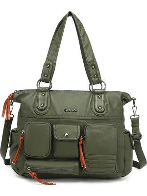 Hüvendo Çok Cepli Günlük Büyük Boy Shopper Tasarım Ayarlanabilir Askılı Kadın Omuz Çantası Koyu Yeşil