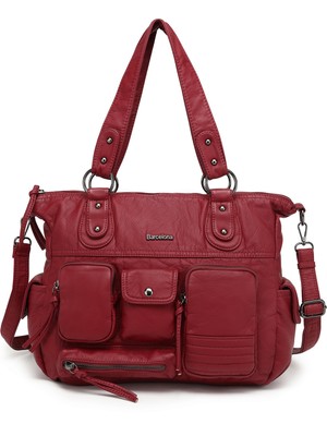 Hüvendo Çok Cepli Günlük Büyük Boy Shopper Tasarım Ayarlanabilir Askılı Kadın Omuz Çantası Bordo