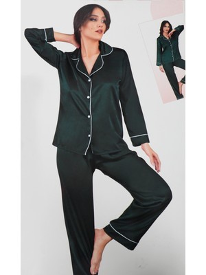 Lily Bianca Kadın Saten Pijama Takımı  Önden Düğmeli Yeşil