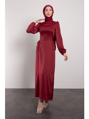 Tesettür Diyarı Yandan Korse Detaylı Saten Tesettür Abiye- Bordo