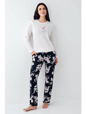 Pierre Cardin Kadın Mevsimlik Uzunkol Bisiklet Yaka Pijama Takım, %50 Pamuk %50 Modal