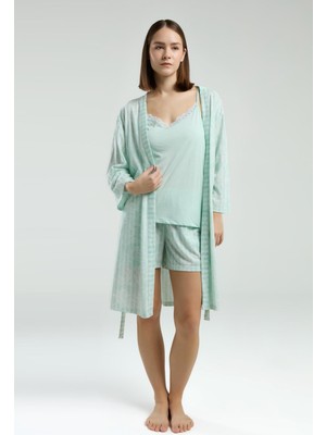 Pierre Cardin Kadın Mint 3'lü Takım, Dantelli Atlet Sabahlık ve Şort Takım