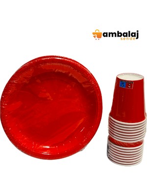 AmbalajSende Düz Kırmızı Renk Tabak-Bardak Set