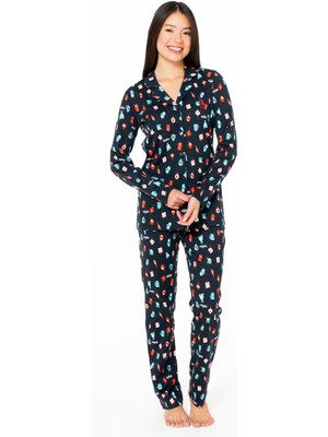 Kadın Lacivert %100 Pamuklu Mevsimlik Düğmeli Gömlek Pijama Ev Giyim