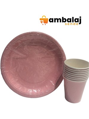 AmbalajSende Düz Pembe Renk Tabak-Bardak Set