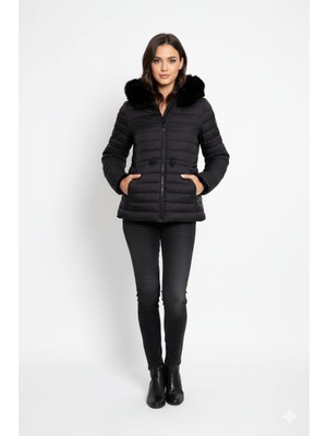 Robin D99251 Çift Taraflı Içi Kürklü Kapşonlu Kadın Puf Mont Siyah