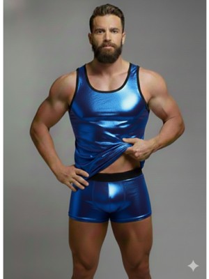 Marsilyan Erkek Mavi Lame Tank Top Boxer Takım