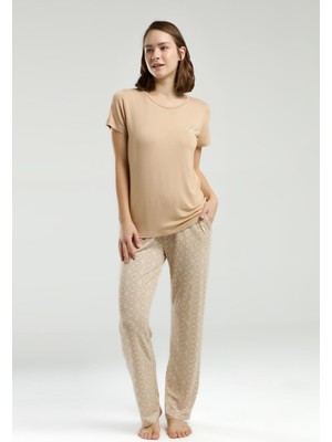 Pierre Cardin Kadın Pijama Takım, Üst Kısakol Yuvarlak Yakalı, Alt Cepli