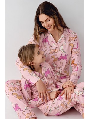 RolyPoly Anne Kız Gömlek Pijama Kombini, Kedili Pijama, Anne ve Çocuk Pijamalar Ayrı Ayrı Fiyatlandırılır