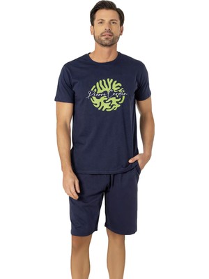 Pierre Cardin, Bisiklet Yaka, Baskılı, T-Shirt Şort Takım, %100 Pamuk