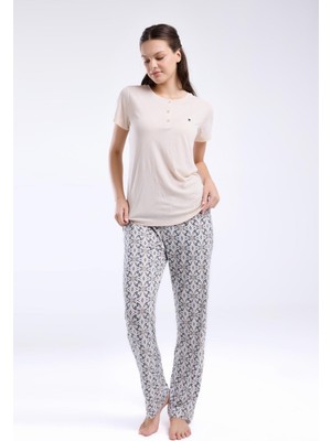Pierre Cardin Kadın Viskon Kumaş Pijama Takım, Düğmeli, Yuvarlak Yakalı, Cep Detaylı