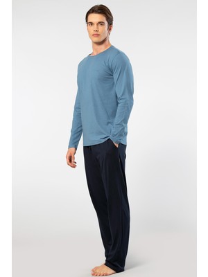 Cacharel Erkek Yuvarlak Yaka Uzunkol Pijama Takım, %50 Modal, %50 Pamuk Alt Pijama Ceplidir