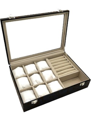 Feyza Design Şık Cam Kapaklı Bölmeli Karışık Takı Kutusu, Çatlak Kahve Desen