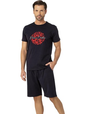 Pierre Cardin, Bisiklet Yaka, Baskılı, T-Shirt Şort Takım, %100 Pamuk