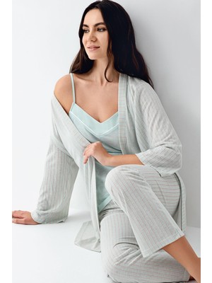 Pierre Cardin Kadın 3'lü Sabahlıklı Pijama Takım , %50 Pamuk %50 Modal