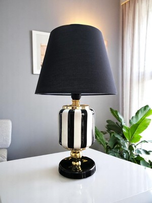 Feyza Design Şık Siyah Seramik Abajur, Oval Tasarım, Gold Detay, Modern Aydınlatma