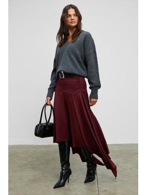 Grimelange Junkıt Kadın Yumuşak ve Esnek Kumaşlı Asimetrik Paçalı Büzgülü Bordo Etek
