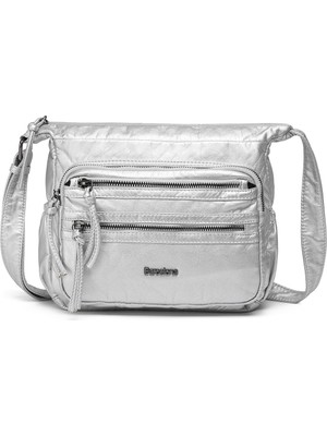 Hüvendo Barcelona Küçük Boy Çok Cepli Uzun Çapraz Askılı Spor ve Günlük Kadın Omuz Çantası Platin