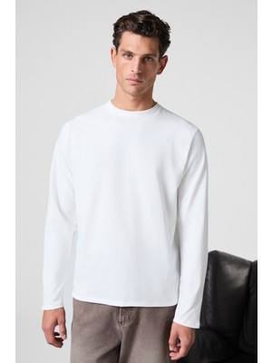 Grimelange Gravs Erkek %100 Pamuklu Yumuşak Kumaşlı Yuvarlak Yakalı Uzun Kollu Beyaz T-Shirt