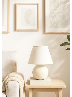 Feyza Design Krem Kumaş Abajur, Metal Detaylar, Şık ve Modern Tasarım