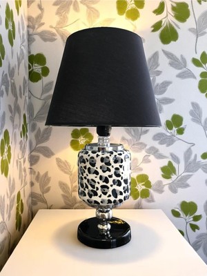 Feyza Design Seramik Oval Abajur, Leopar Desenli Gri ve Siyah Şapka Aydınlatma