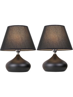 Feyza Design 2'li Konik Kumaş Şapkalı Metal Elips Masa Lambası Seti