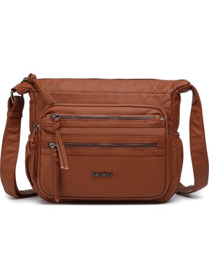 Hüvendo Barcelona Küçük Boy Çok Cepli Uzun Çapraz Askılı Spor ve Günlük Kadın Omuz Çantası Taba