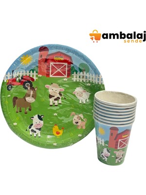 AmbalajSende Çiftlik Desen Baskılı Tabak-Bardak Set