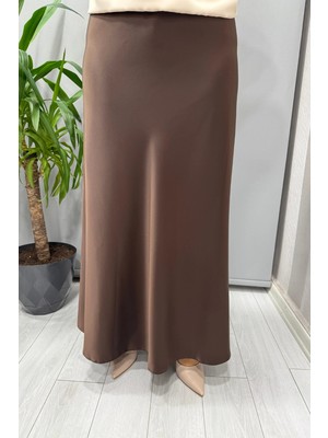 Sentez Luna Saten Volanlı Etek Kahve 5457