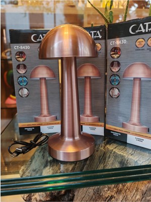 Feyza Design Şarjlı Mantar Masa Lambası, 3 Renk, Ayarlanabilir Işık Gücü, Bakır Tonu