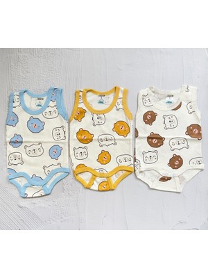 MİNİM 3'lü Ayıcık Baskılı İnterlok Zıbın, Unisex %100 Pamuklu, Çıt Çıtlı