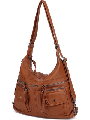 Hüvendo Günlük Çok Cepli Büyük Boy Geniş Spor Tasarım Ayarlanabilir Askılı Kadın Omuz Çantası Taba