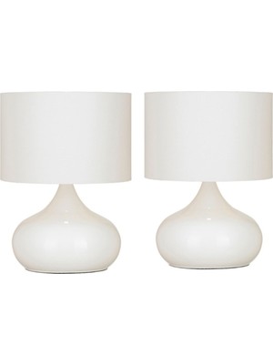 Feyza Design 2'li Beyaz Elips Masa Komodin, Vitrin ve Abajur Seti, Beyaz Kumaş Başlık