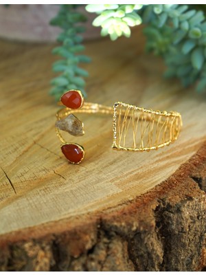 İpek Salepçilik Doğal Taş Kedi Gözü ve Sitrin Ayarlanabilir Hasır Bileklik