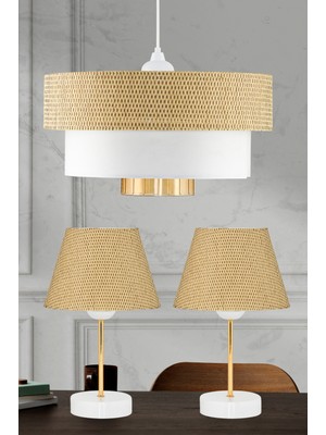 Feyza Design Modern 3 Katlı Kumaş Avize ve Abajur Seti, Şık ve Şık Aydınlatma