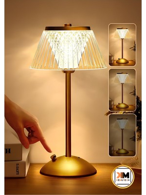 Feyza Design Dekoratif Kristal Şarjlı Andre, Gold LED Abajur, Yılbaşı Masa Lambası