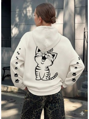 Afri Sevimli Gülen Kedi ve Pati Baskılı Kırık Beyaz Kapüşonlu Sweatshirt