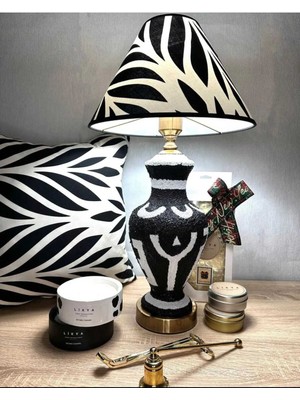 Feyza Design Şık Siyah Beyaz Desenli Modern Abajur, Dekoratif ve Zarif Aydınlatma