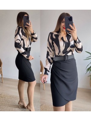 Livizmir Moda Kadın Uzun Kollu Yakalı Üst Dalgıç Eteği Krep Kemerli Elbise