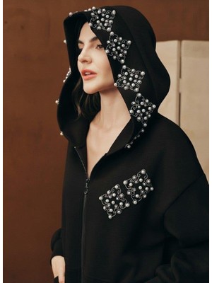 Afri Lüks Inci Detaylı Taş Dizimli Kapüşonlu Siyah Eşofman Takımı | Fermuarlı Sweatshirt &  Pantolon Takım