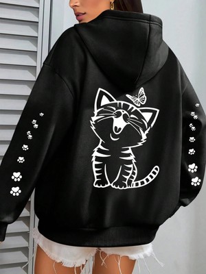 Afri Sevimli Gülen Kedi ve Pati Baskılı Siyah Kapüşonlu Sweatshirt