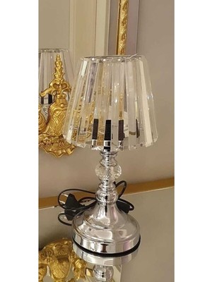 Feyza Design E14 Kristal Taşlı Abajur, 35CM, Metal, Modern Tasarım, Gümüş Renk