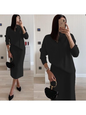 Livizmir Moda Kadın Uzun Kollu Boğazlı Kazak ve Yanı Yırtmaçlı Etek Akrilik Ikili Takım